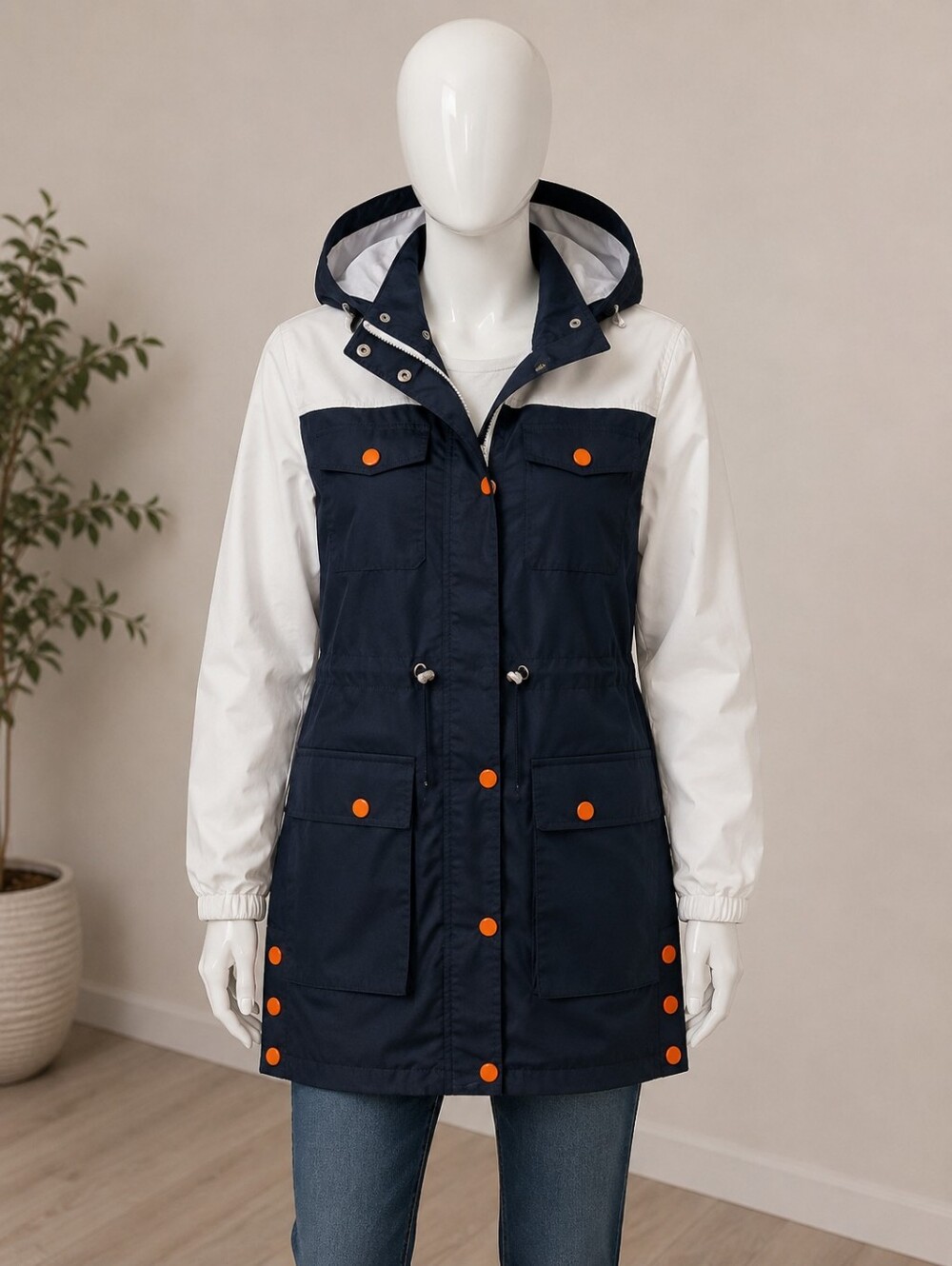 Navy and White Hooded Jacket with Orange Accents